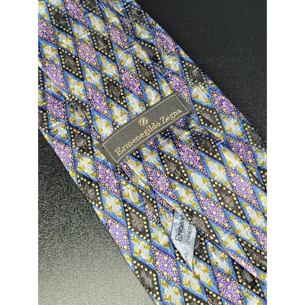 Ermenegildo Zegna Men's Necktie Blue‎ Purple Gold Diamond Excellent